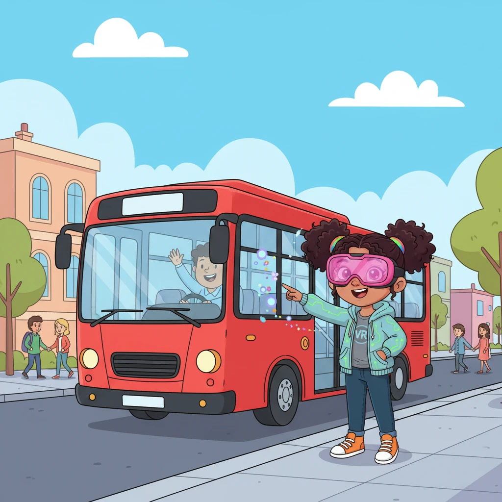 Miss Lily pointed to a red bus. "This is a bus! Can everyone say 'bus'?" Aruzha giggled, repeating the word with her virtual friends.