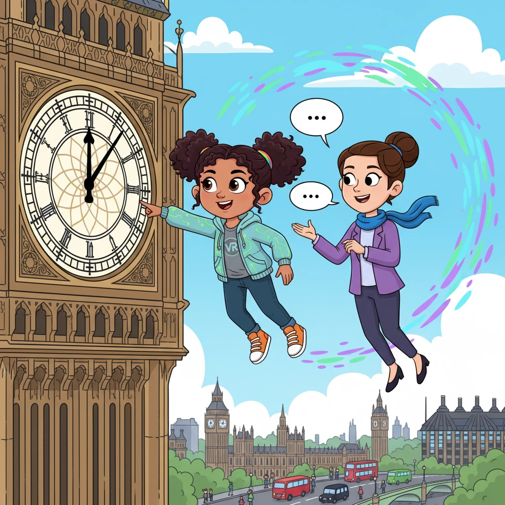 Next, they zoomed to a famous landmark. "And this, children, is a clock!" Miss Lily explained, gesturing towards Big Ben. Its grand face showed the time, clear for all to see.