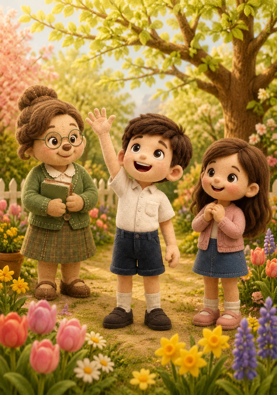 Leo raises his hand high and smiles with excitement. He says that he loves spring because the weather becomes warm and pleasant. In the garden, bright green leaves grow on the trees and colorful flowers open their petals.