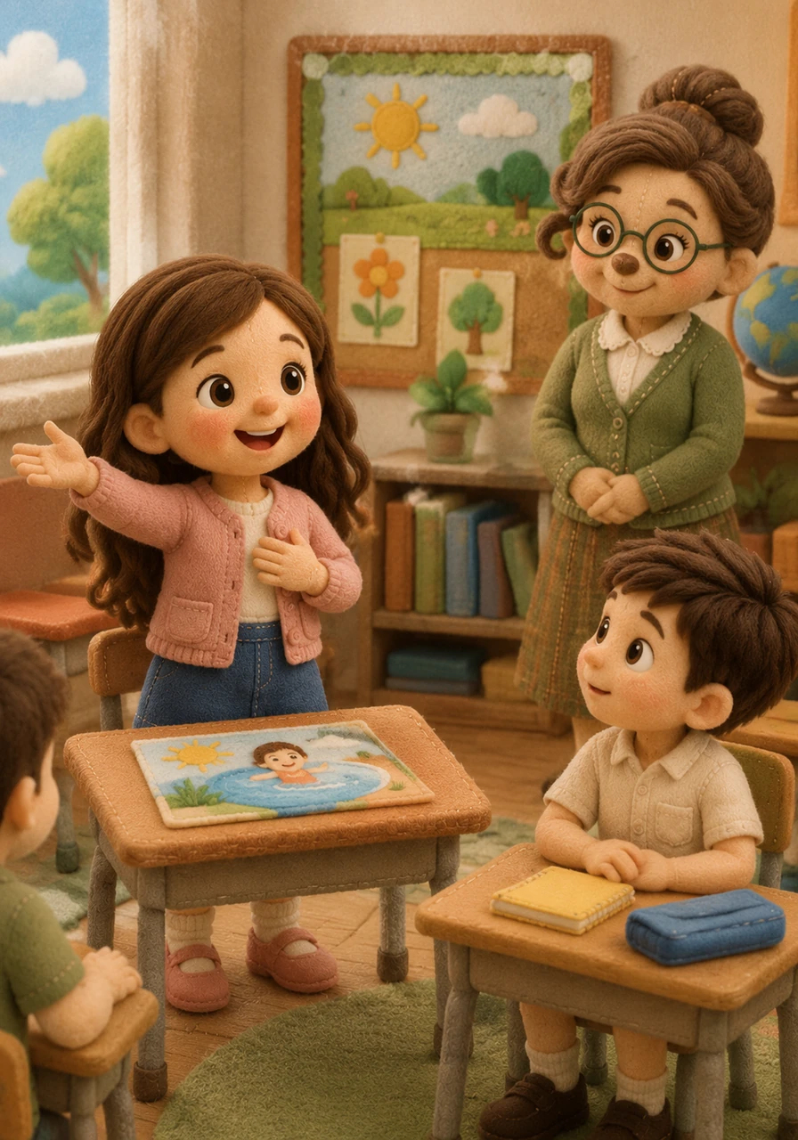Mia stands up next and shares her thoughts with the class. She explains that summer is her absolute favorite time of the year. The days are long and sunny, and she loves to swim in the cool blue pool.