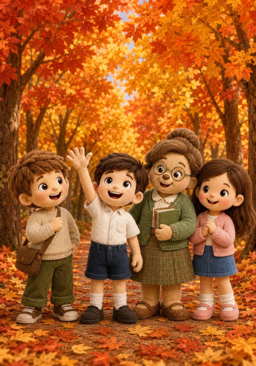 Sam waves his hand and speaks with a happy voice. He says that autumn is the best season for him. The leaves on the tall trees change from green to bright yellow, orange, and deep red.