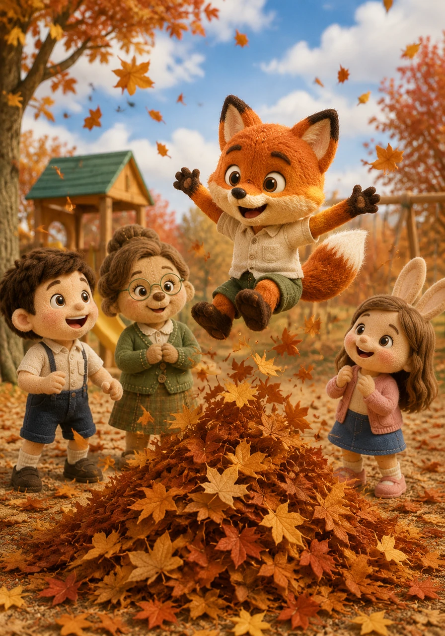 Sam explains more about the fun activities in the autumn season. He says that he jumps into big piles of dry leaves with his friends. Cool winds blow through the playground, and the air feels fresh and crisp.