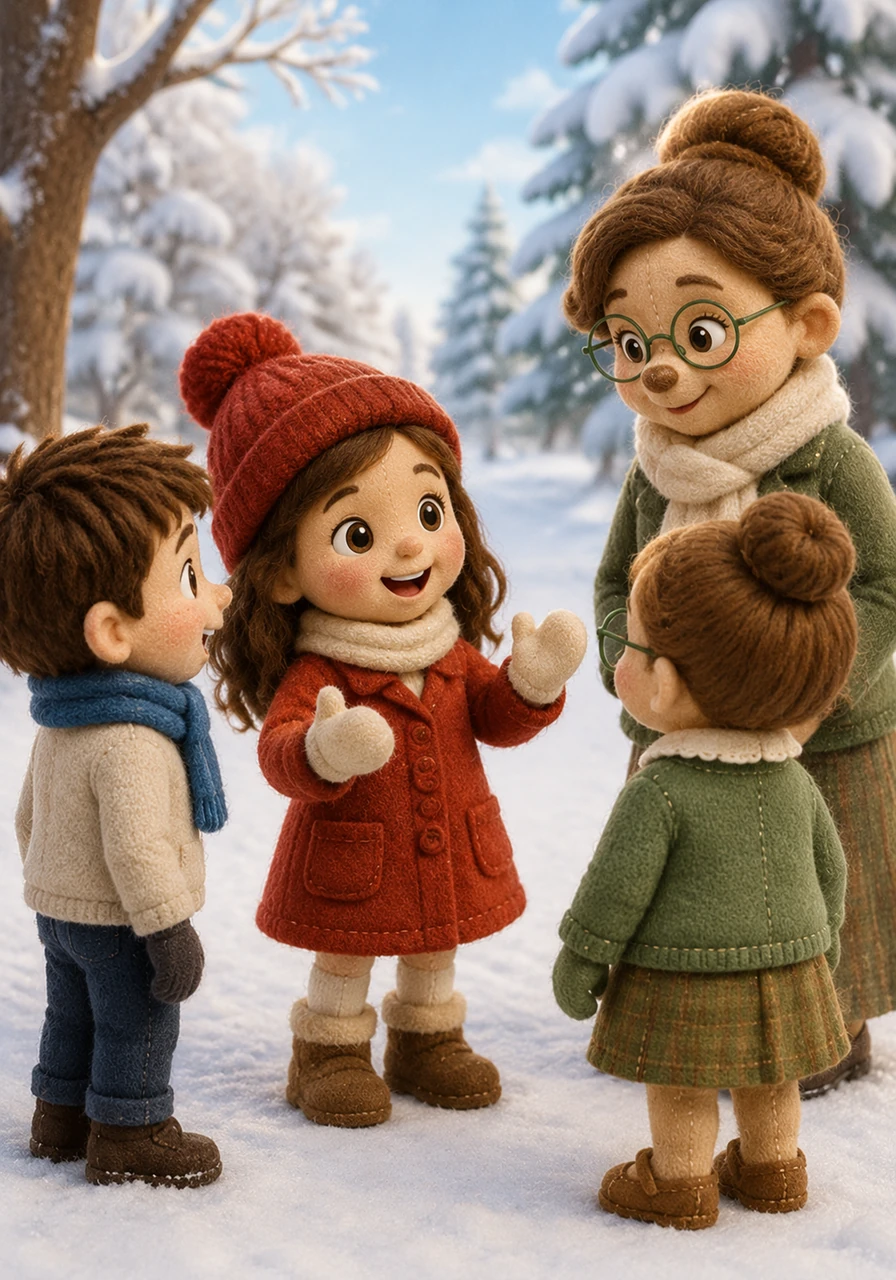 Then, Chloe speaks to her classmates about the magic of the cold months. She says that she prefers winter because everything looks beautiful. She wears a thick red coat, warm mittens, and a cozy hat outside.