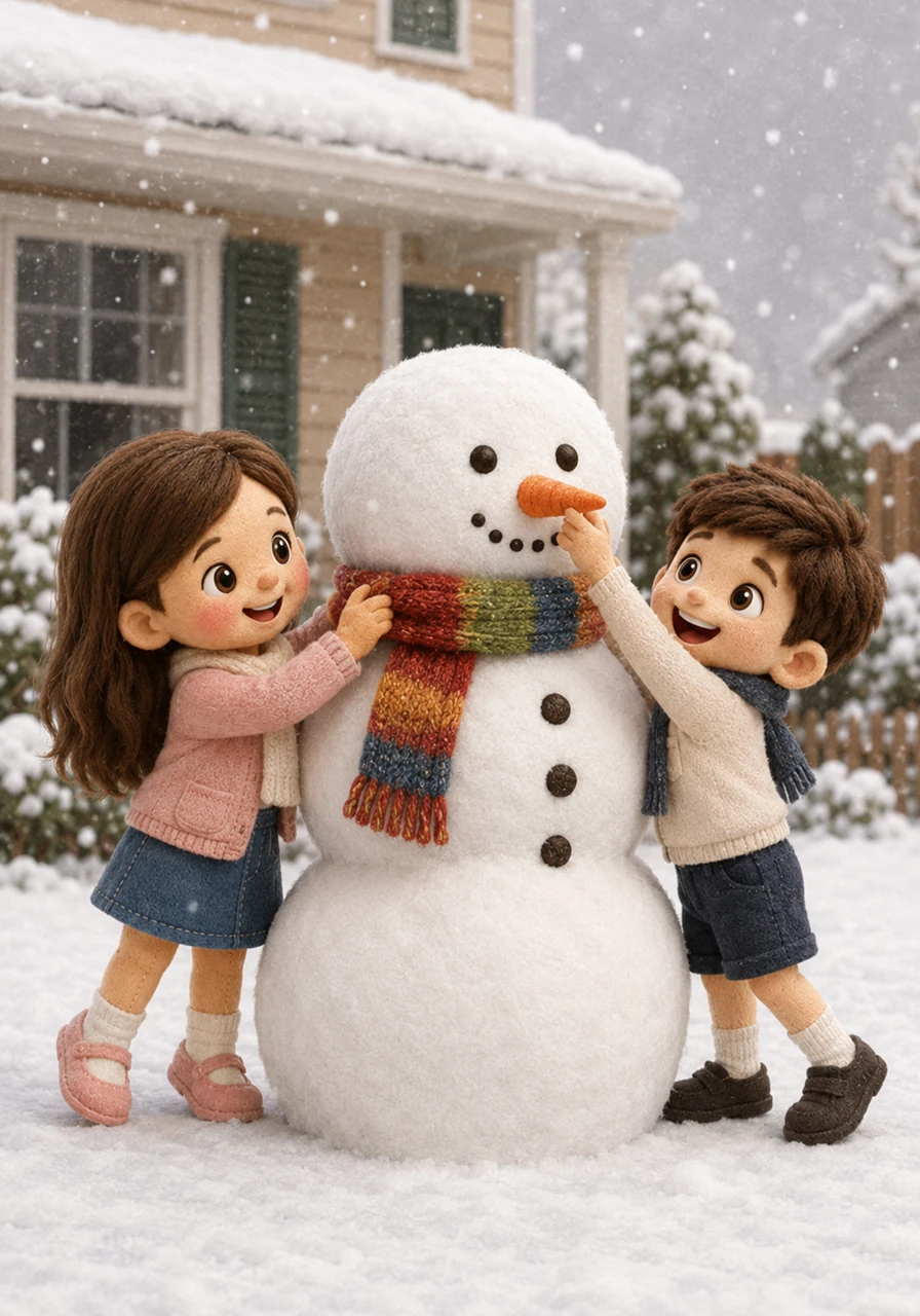 Chloe describes how soft, white snow falls gently from the grey sky. She builds a big, cheerful snowman in her front yard with her brother. They give the snowman a carrot for a nose and a warm scarf.
