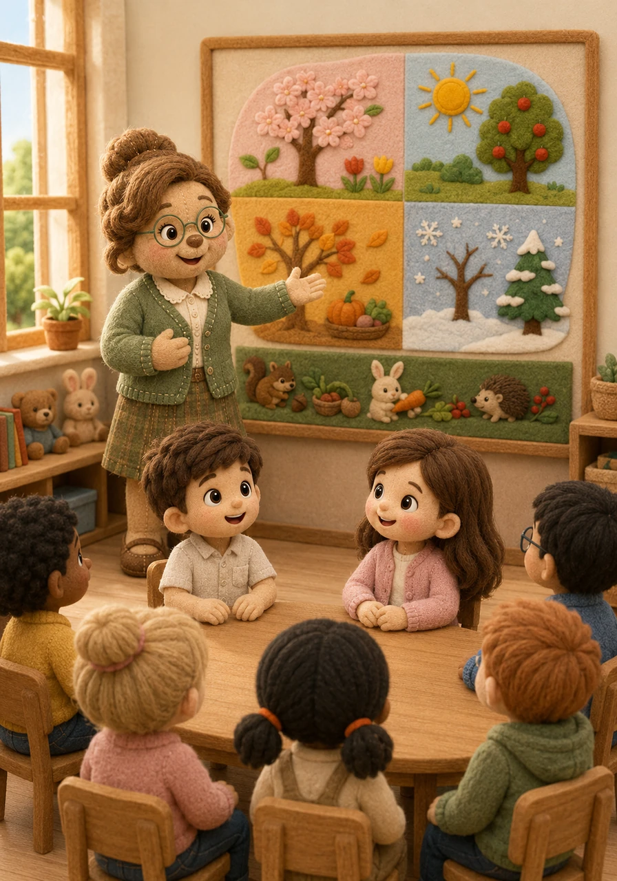 Miss Green smiles warmly at all the children in the classroom. She tells the students that every single season is special and important. The changing seasons help the plants grow and give the animals food.