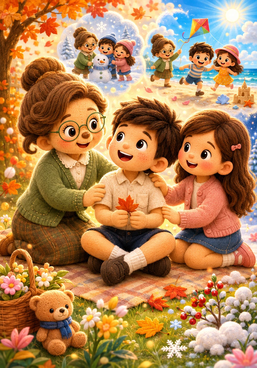 Leo looks at his friends and realizes something wonderful about the year. Each season brings different colors, games, and happy memories for everyone. He feels glad that the world changes throughout the year.