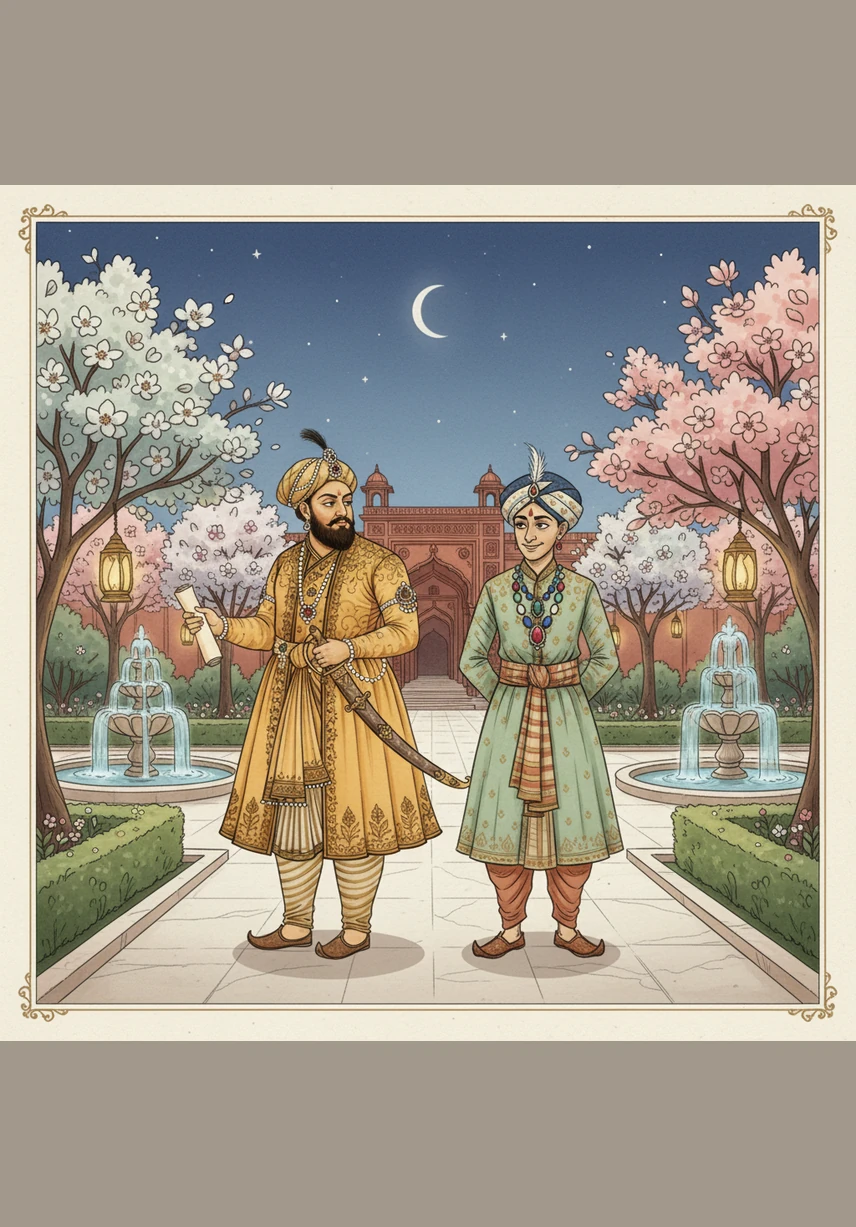 ఒక అందమైన సాయంత్రం, అక్బర్ చక్రవర్తి మరియు అతని తెలివైన మంత్రి బీర్బల్ రాజభవనంలోని విశాలమైన తోటలో నెమ్మదిగా నడుస్తున్నారు. చుట్టూ రంగురంగుల పూలు పూసి ఉన్నాయి మరియు పక్షులు కిలకిలరావాలు చేస్తున్నాయి.