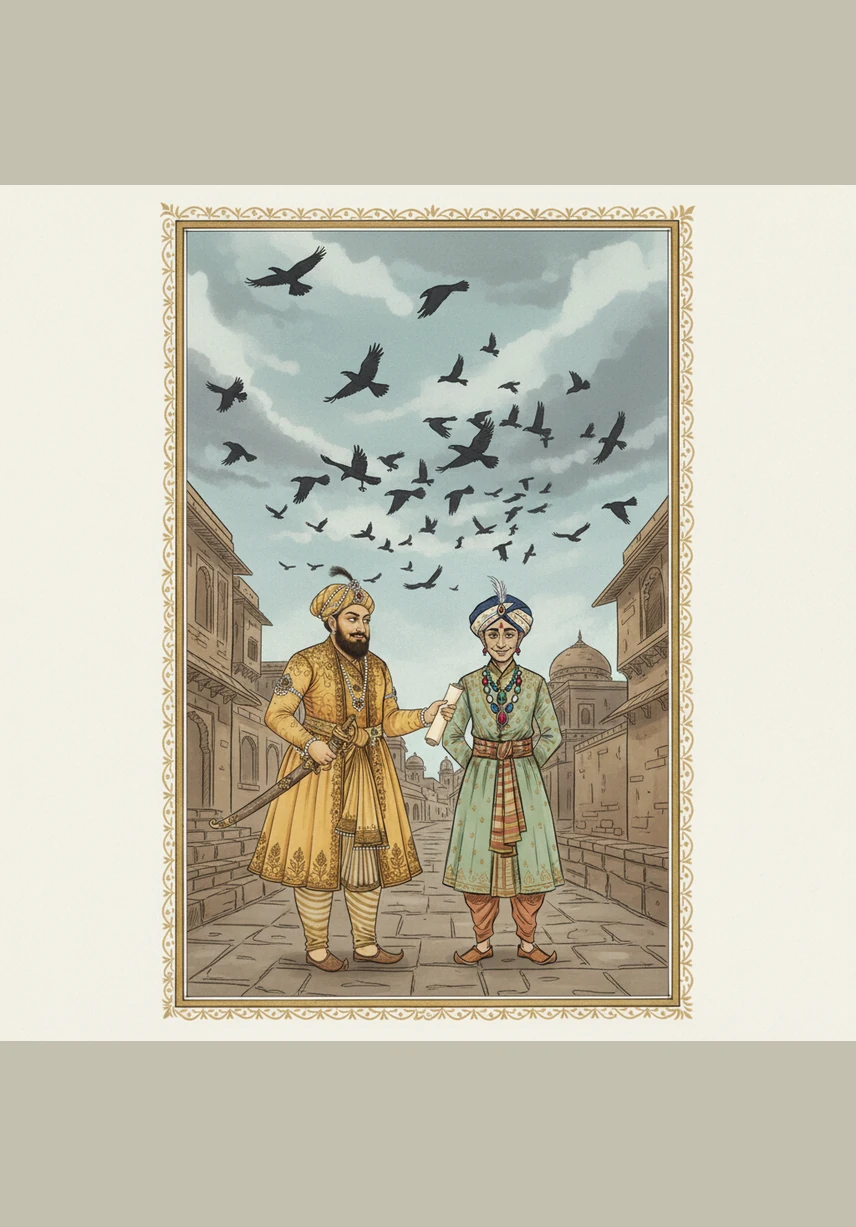 ఆకాశంలో గుంపులు గుంపులుగా ఎగురుతున్న కాకులను చూసి అక్బర్ మనసులో ఒక వింత ప్రశ్న తలెత్తింది. ఆయన వెంటనే నడక ఆపి, పక్కనే ఉన్న బీర్బల్ వైపు ఒక రకమైన చిలిపి చూపు చూశారు.