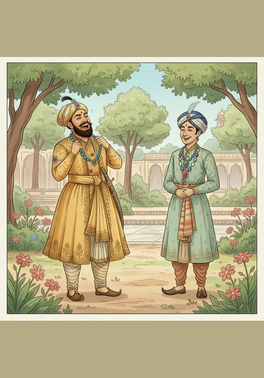 బీర్బల్ సమయస్ఫూర్తికి మరియు తెలివితేటలకు ముగ్ధుడైన అక్బర్ చక్రవర్తి గట్టిగా నవ్వుతూ, తన మెడలోని విలువైన రత్నాల హారాన్ని తీసి బీర్బల్‌కు బహుమతిగా ఇచ్చారు. తోటంతా వారి నవ్వులతో ప్రతిధ్వనించింది.