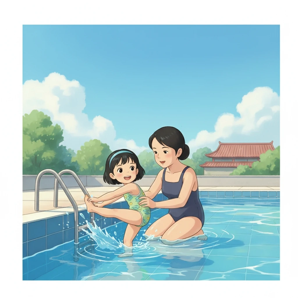 妈妈先教小雨如何在水中保持平衡。她让小雨扶着池边，练习蹬腿的动作。小雨努力地模仿着妈妈的动作，水花四溅，脸上却洋溢着开心的笑容。
