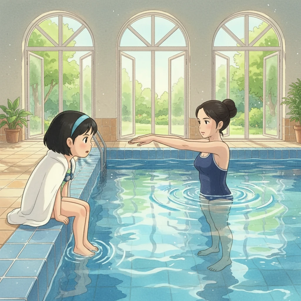 接下来，妈妈开始讲解蛙泳的动作要领。她一边示范，一边用生动的语言描述着每一个细节，包括手臂的划水、腿部的蹬夹以及换气。小雨聚精会神地看着，仿佛要把每一个动作都刻在脑海里。