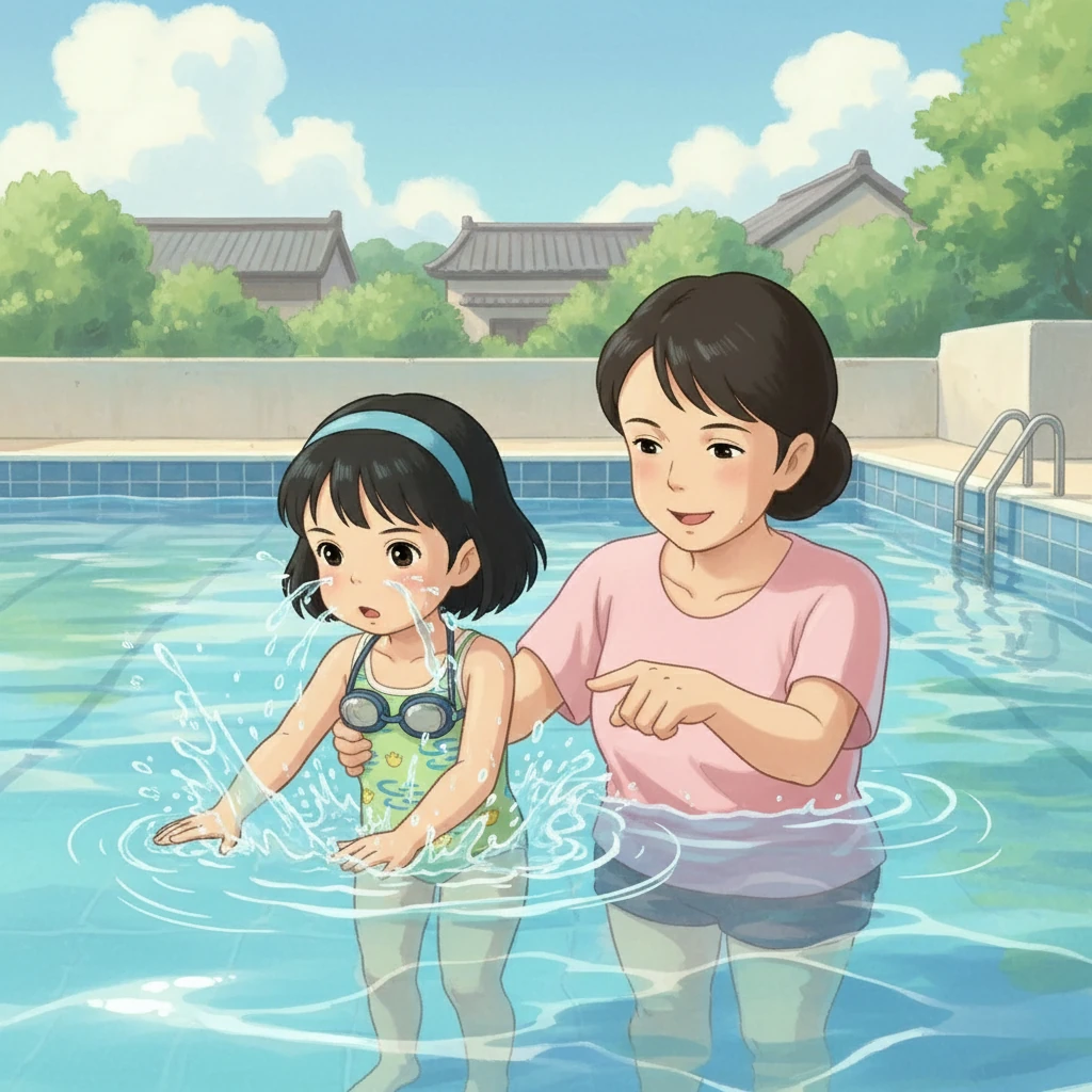 小雨开始尝试蛙泳，但一开始并不顺利。她时而呛水，时而动作不协调。但妈妈一直陪伴在她身边，耐心指导，并给予鼓励。小雨在妈妈的鼓励下，一次又一次地尝试，毫不气馁。