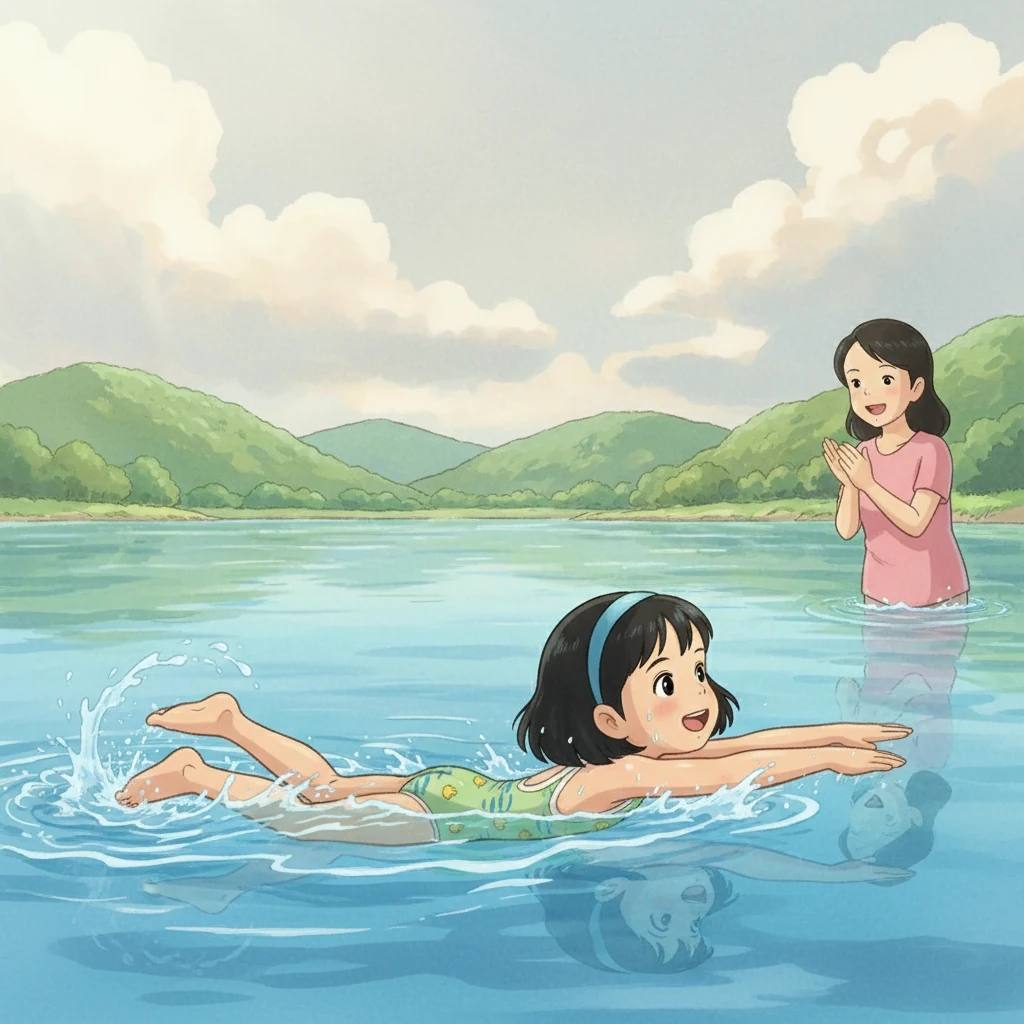 经过不断的练习，小雨逐渐掌握了蛙泳的技巧。她可以在水中游上一段距离了，动作也变得流畅起来。她抬头看着妈妈，脸上充满了骄傲和喜悦。
