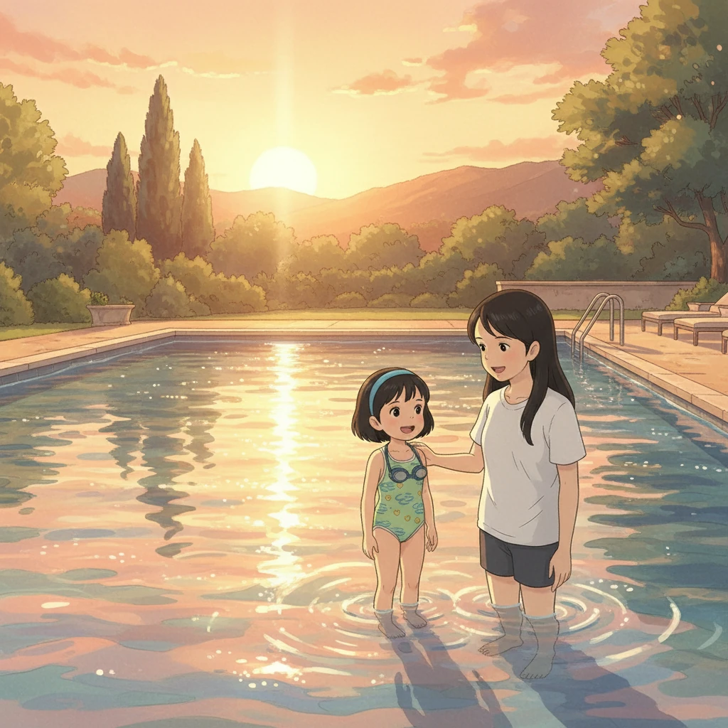 最后，小雨在妈妈的陪伴下，开心地游完了整个泳池。夕阳的余晖洒在水面上，闪耀着金色的光芒。小雨和妈妈相视一笑，她们共同度过了一个美好的下午。
