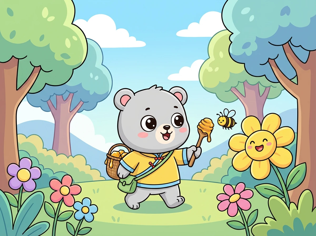 蜜蜜走进了森林,他看到了一只勤劳的小蜜蜂。 他问小蜜蜂:“你知道哪里有蜂蜜吗?”