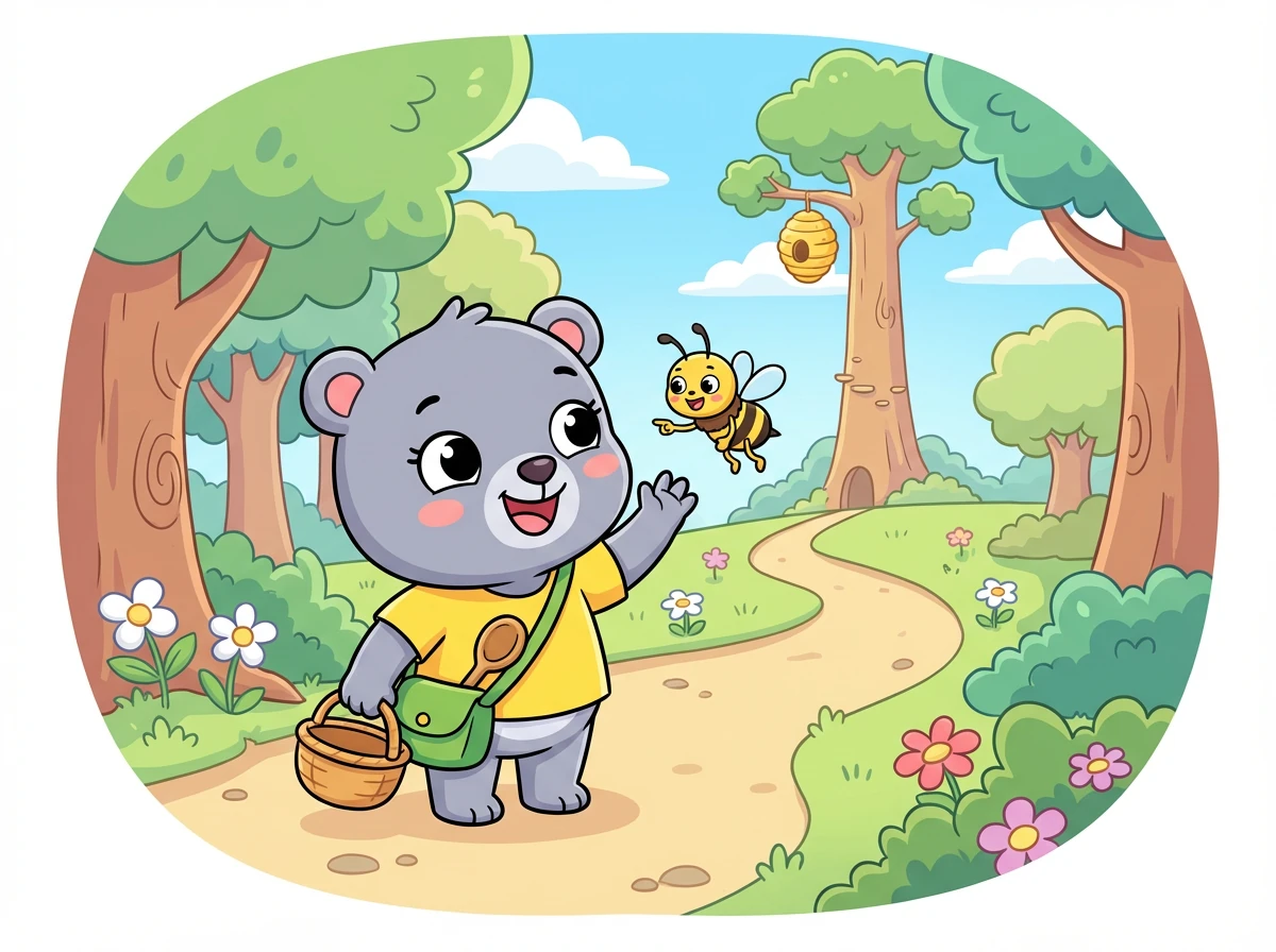 小蜜蜂嗡嗡地说:“沿着小路走,你会看到一棵高大的树,那里有一个蜂巢。”蜜蜜高兴地向小蜜蜂道谢。