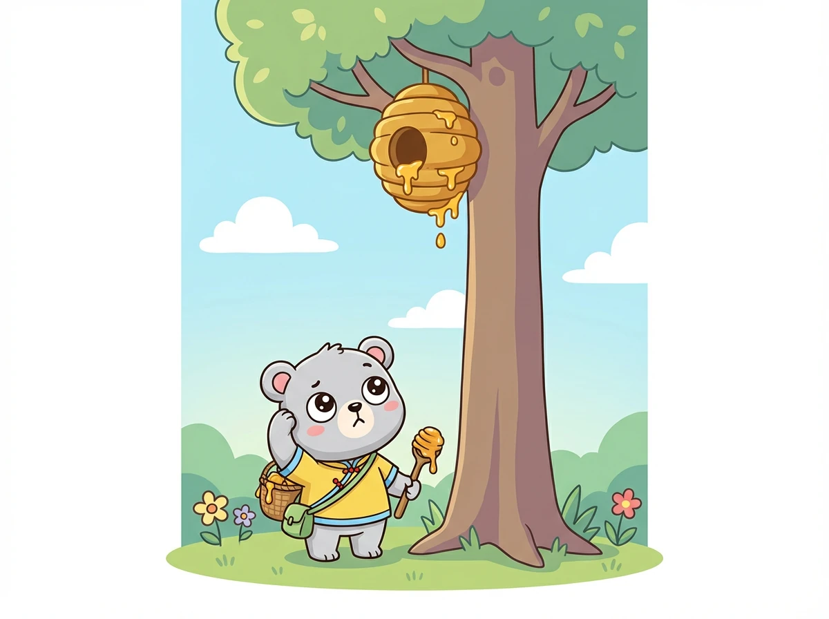 蜜蜜找到了那棵高大的树,他看到了一个大大的蜂巢。他想:“我该怎么拿到蜂蜜呢?”