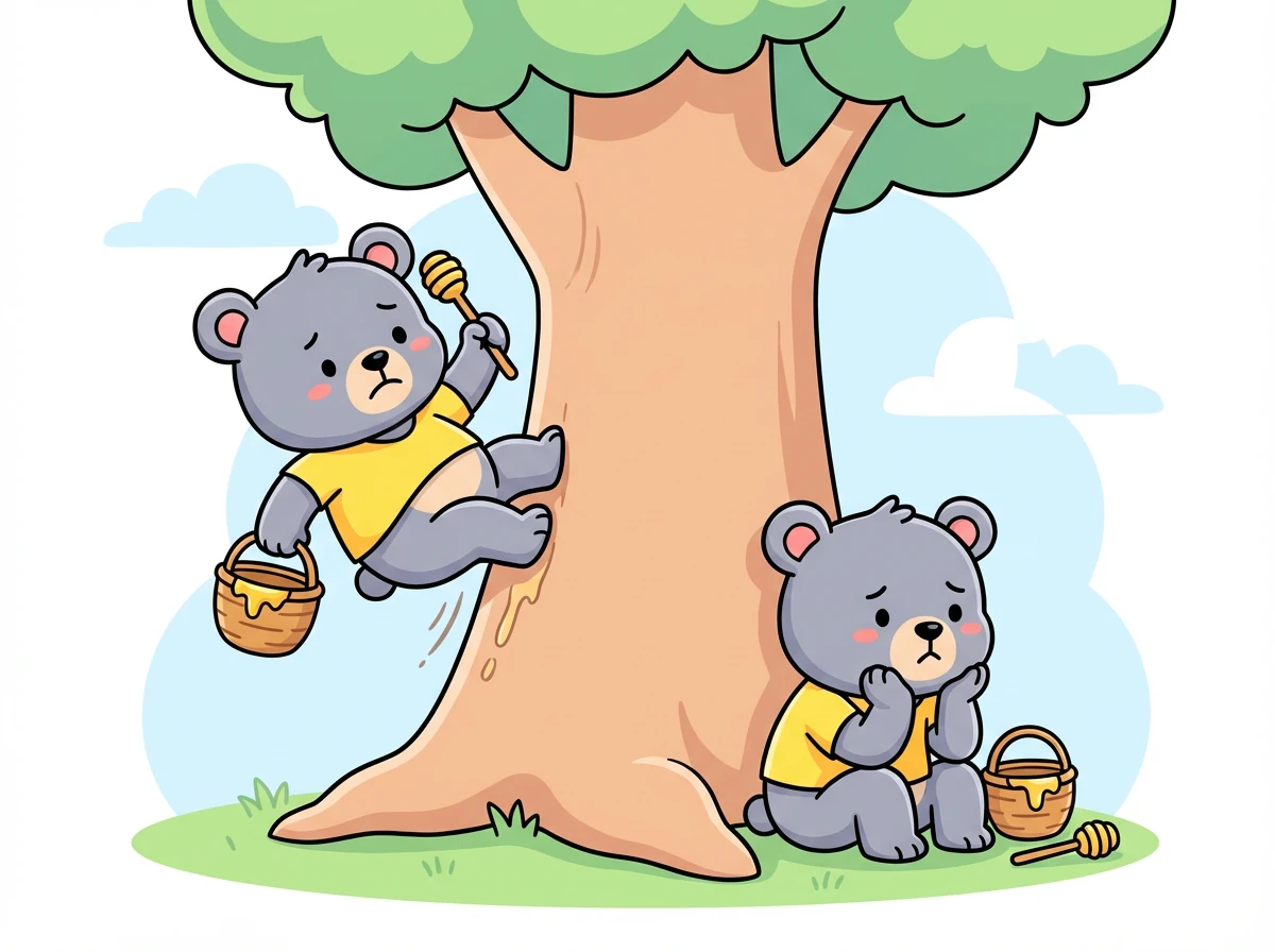 蜜蜜试着爬树,可是树干太滑了,他爬不上去。他有点失望,坐在树下思考。