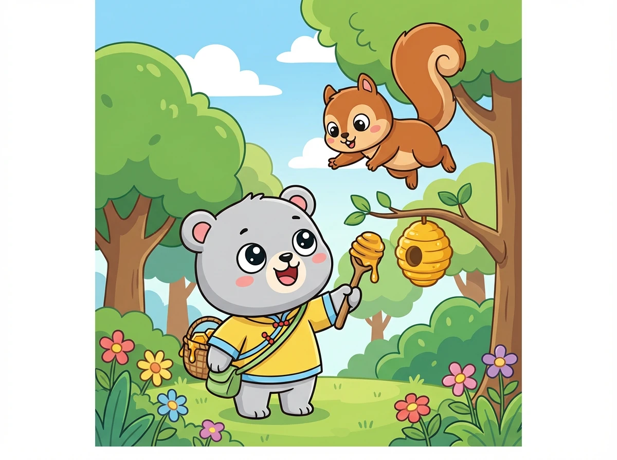 这时,一只小松鼠跳了下来,它问蜜蜜:“你在干什么呢?”蜜蜜告诉了小松鼠他想吃蜂蜜。