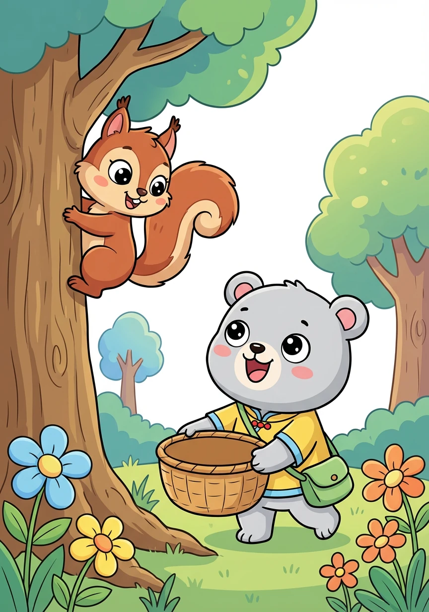 小松鼠说:“我可以帮你!我来爬树,你准备一个篮子。” 蜜蜜高兴地找来一个篮子。