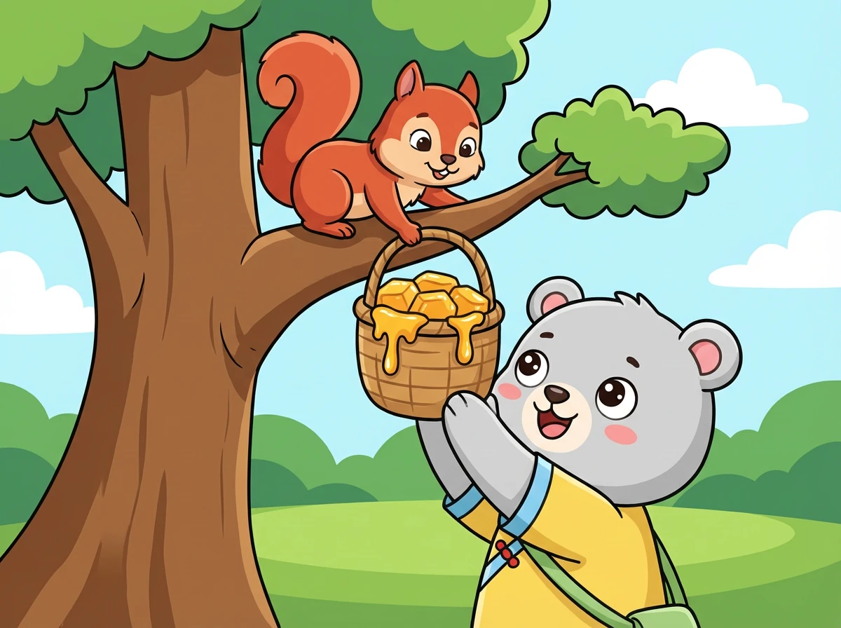 小松鼠爬上了树,它小心翼翼地把蜂蜜放进篮子里。蜜蜜在树下接住篮子,篮子里装满了金黄色的蜂蜜。