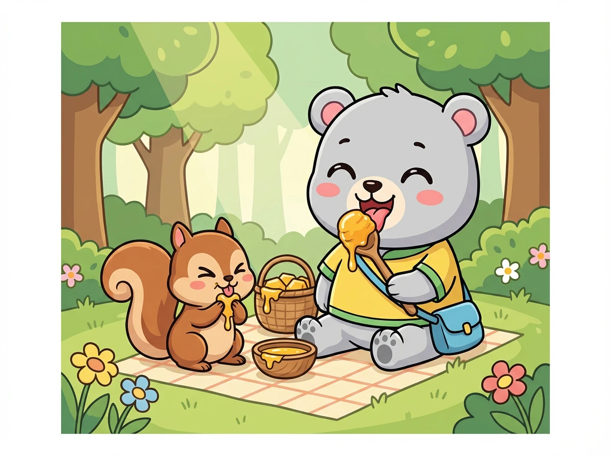 蜜蜜和小松鼠一起分享了蜂蜜,他们吃得津津有味。蜜蜜觉得这是他吃过的最好吃的蜂蜜。