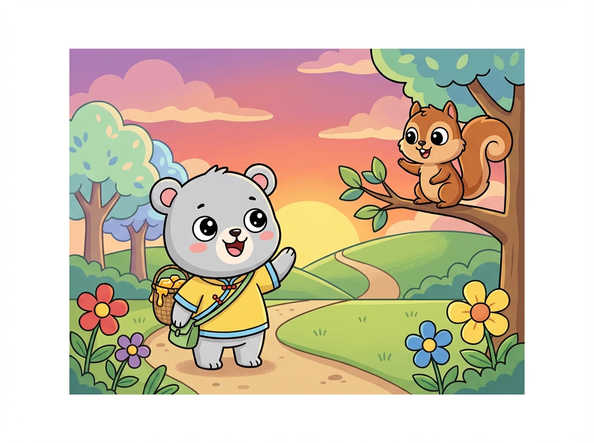 太阳下山了,蜜蜜和小松鼠告别。蜜蜜带着满满的蜂蜜和快乐的心情回家了,他知道朋友是最珍贵的。