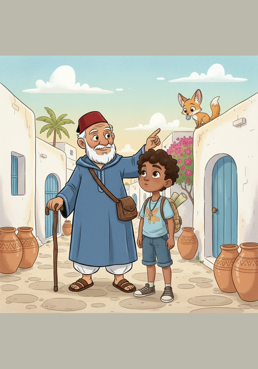In a sun-drenched village in Tunisia, a curious boy named Sami lived among white-walled houses and bright blue doors. He spent his days playing in the narrow, winding alleys, always eager to learn about the secrets of his beautiful hometown.