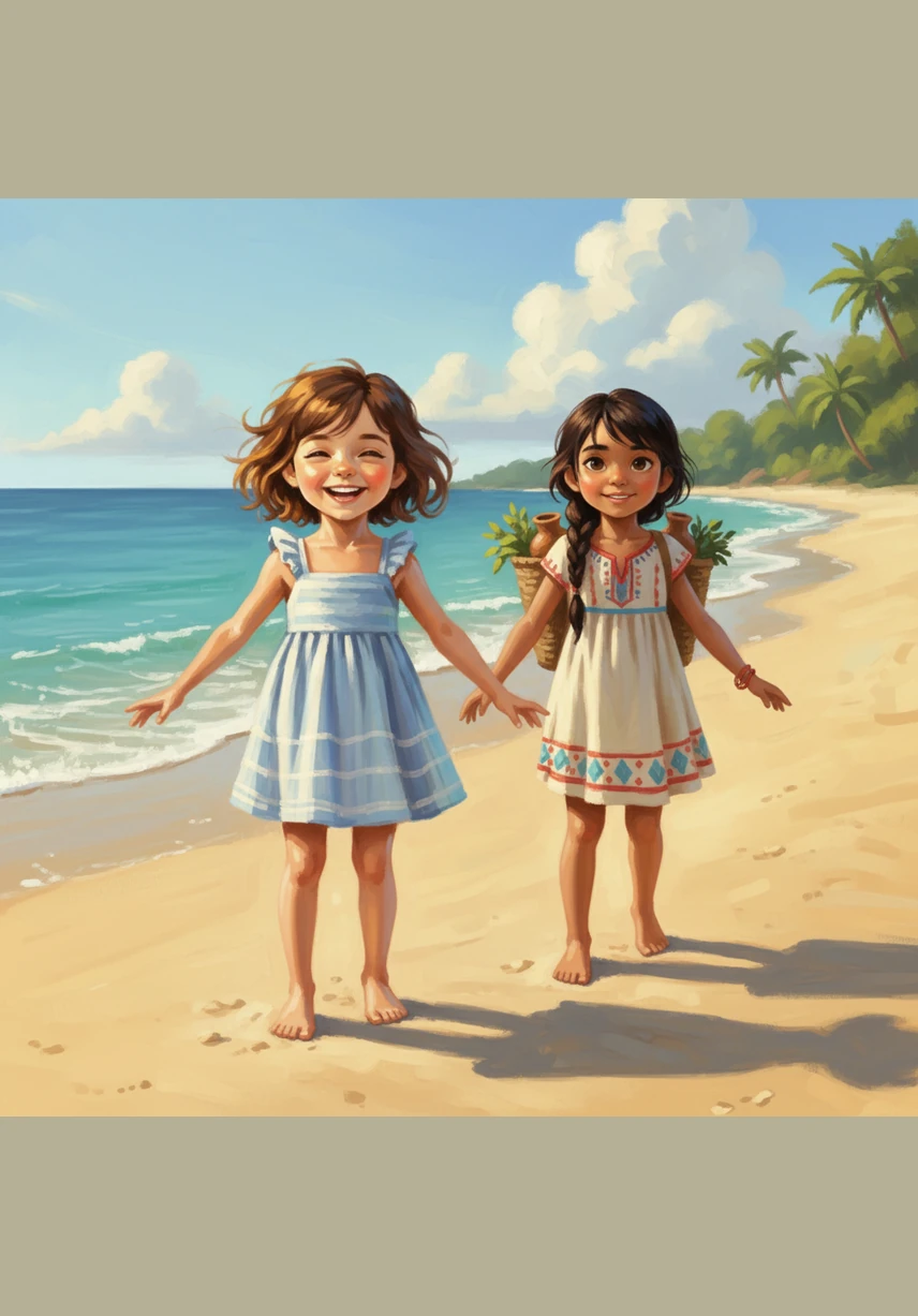 Zara and Chollette stood on the golden sand, watching the big blue waves crash against the shore. The two sisters were so excited for their beach day, shouting with joy as they looked out at the vast, sparkling ocean.