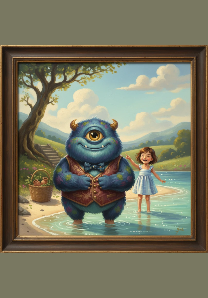 As it reached the shallow water, they saw a creature that was quite strange but also very cute. It had one large, curious eye, a wide mouth, and four sturdy legs balancing perfectly on a bright surfboard.