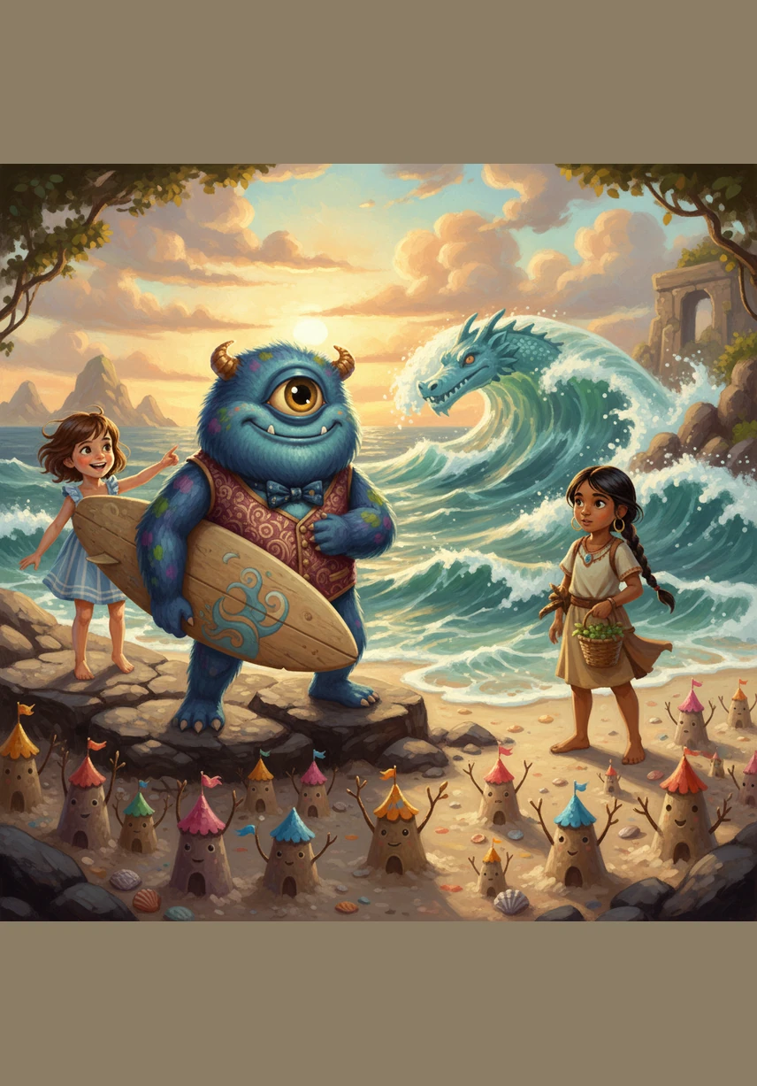 The wind was blowing hard across the coast, making the creature's hair look wild, messy, and very fuzzy. This was Mister Gilles, the surfing monster, and he looked like he was having the time of his life on the water.