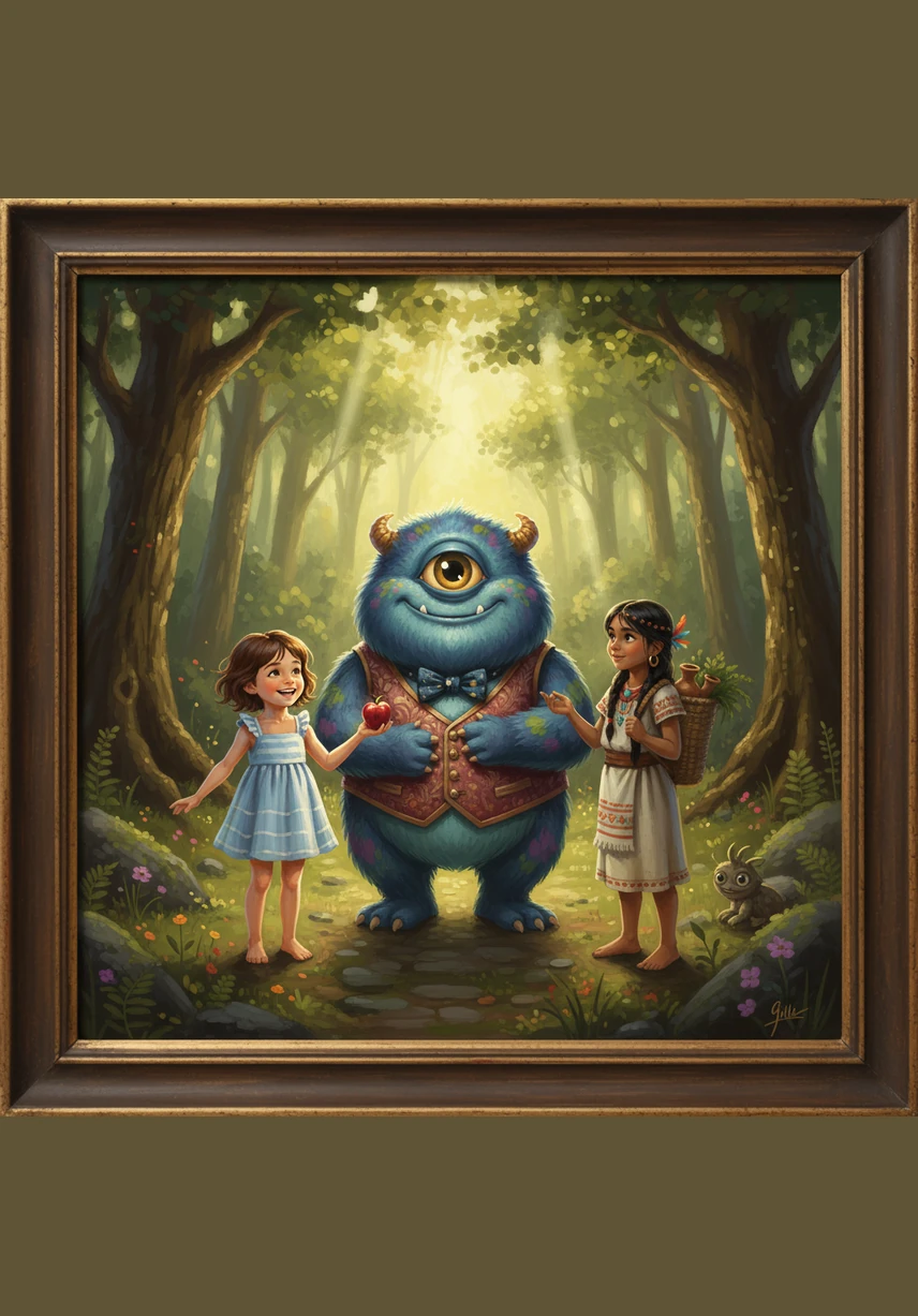 Mister Gilles stepped off his board and looked around with his big eye, feeling a little bit sad. He spoke up in a gentle voice, telling everyone that he wasn't actually scary at all.