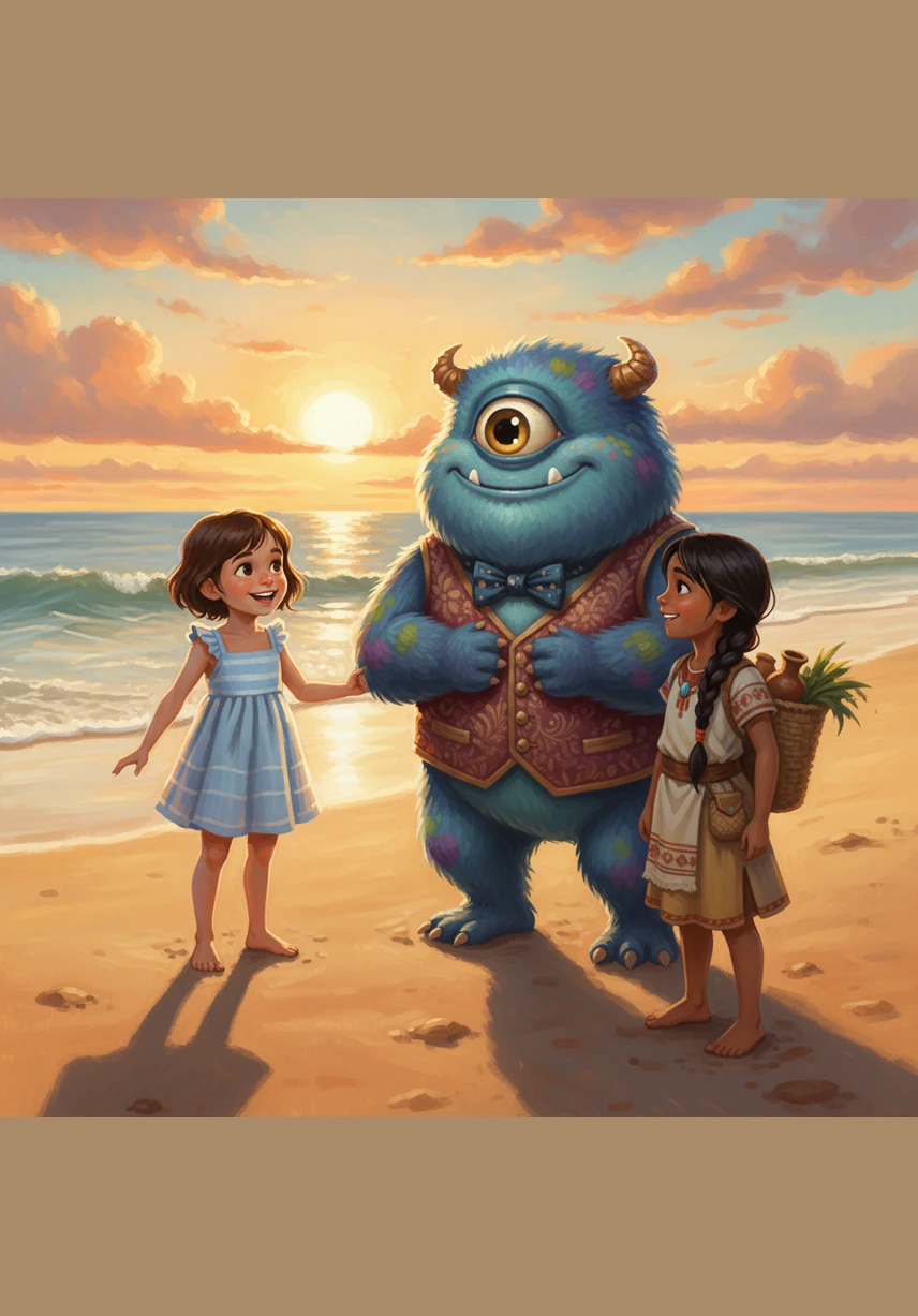 Zara and Chollette looked at each other and decided to be the bravest ones on the beach. Instead of running, they walked right up to the monster and gave him a big, friendly smile.