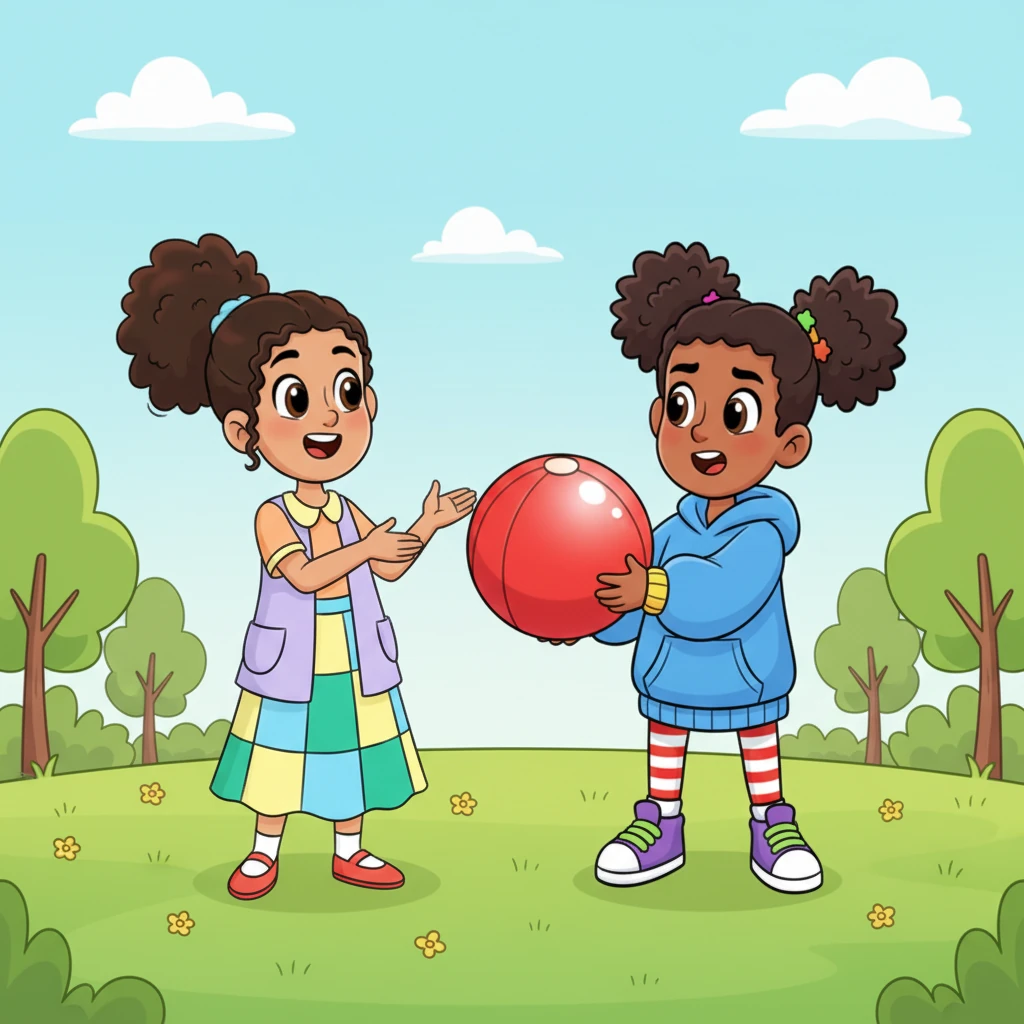 One sunny afternoon, two friends, little Maya and young Kaleb, were trying to play with a shiny red ball. Maya was excitedly speaking in Oromo, while Kaleb was eagerly responding in Amharic. They both wanted to share the ball, but their words kept getting tangled, making them a little confused and sad.