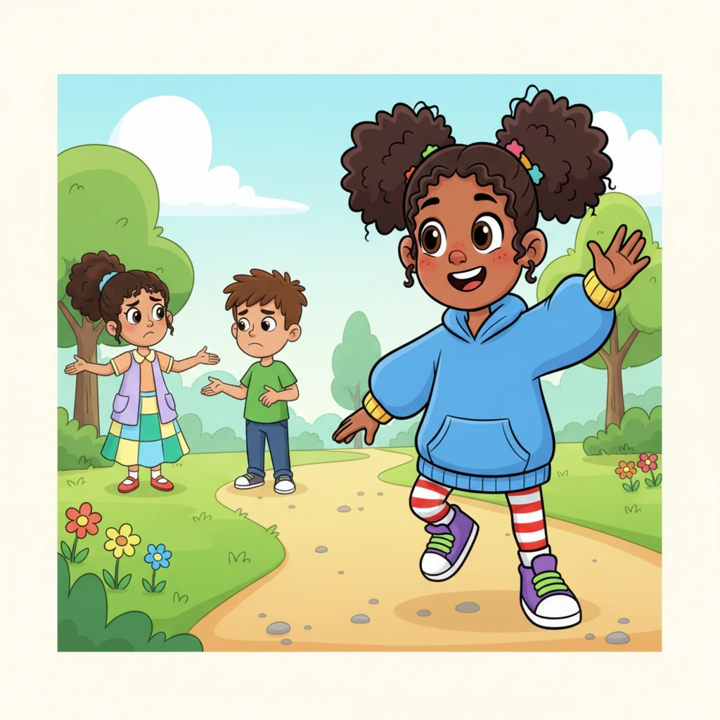 Lexi, with her big, curious eyes, spotted the two puzzled friends from across the park. She saw their frustrated frowns and the way their hands gestured, trying to explain. A warm feeling bubbled inside her, knowing she could help them bridge the gap.