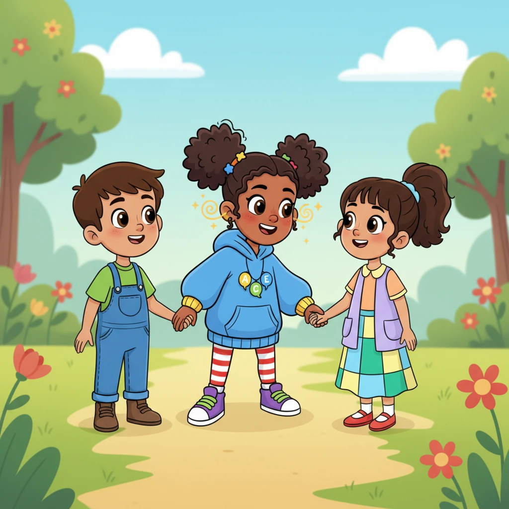 Lexi skipped over, a friendly smile brightening her face. She gently took Maya's hand, then Kaleb's, and listened closely to their words. As she listened, a tiny, playful glow seemed to emanate from her ears, helping her understand the heart of what each friend wanted to say.