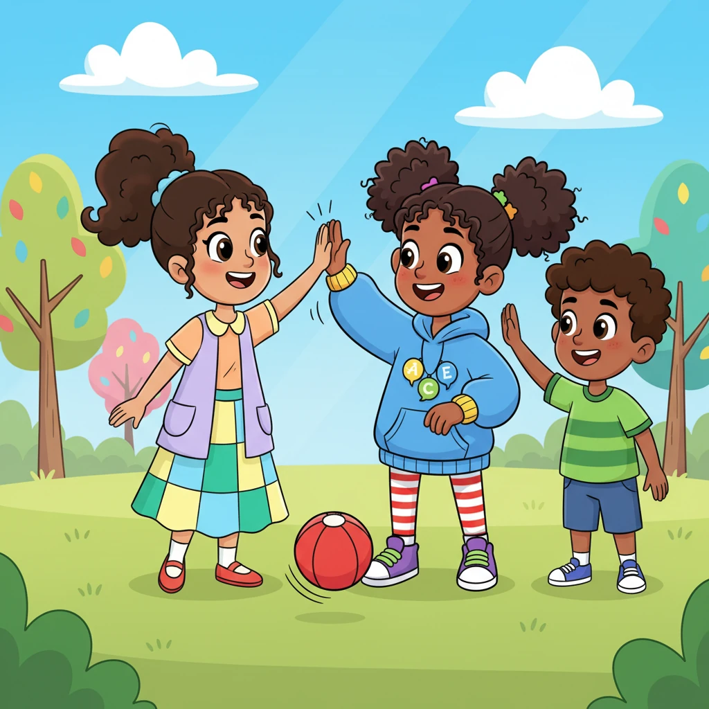 With a joyful giggle, Lexi translated Maya's wish to share and Kaleb's idea for a game of catch. Instantly, their faces lit up! Maya and Kaleb understood each other perfectly, high-fiving with glee before happily bouncing the red ball together, their laughter echoing through the park.