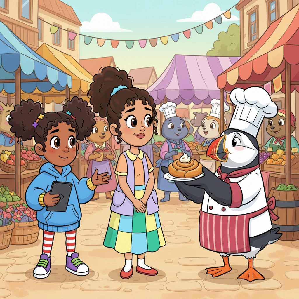 Later, at the bustling town market, Lexi noticed another little mix-up. Mr. Puffin, the baker, was proudly holding up a swirly, delicious-looking pastry, trying to describe it to a new customer. But the customer looked utterly confused, shaking her head with a polite, puzzled smile.