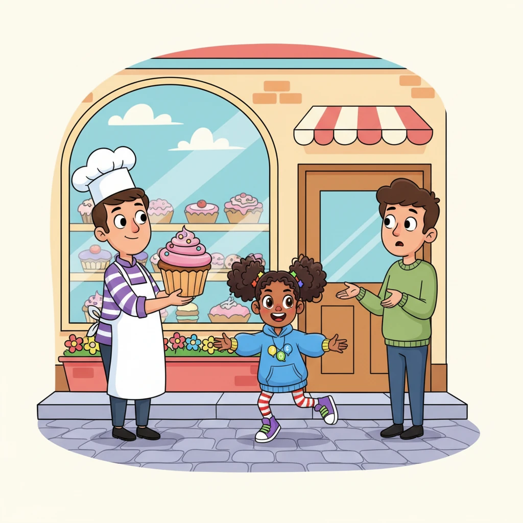 Lexi, ever observant, saw the baker's hopeful expression and the customer's bewildered face. She knew this was another chance to bring people together! With a bounce in her step, she approached them, ready to lend her special talent.
