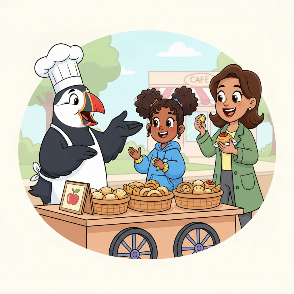 Lexi quickly translated Mr. Puffin's enthusiastic description of the pastry's sweet, cinnamon-apple filling and flaky crust. The customer's eyes widened with delight, her confusion replaced by a big, happy smile. She immediately bought a pastry, thanking Mr. Puffin and giving Lexi a cheerful wink.