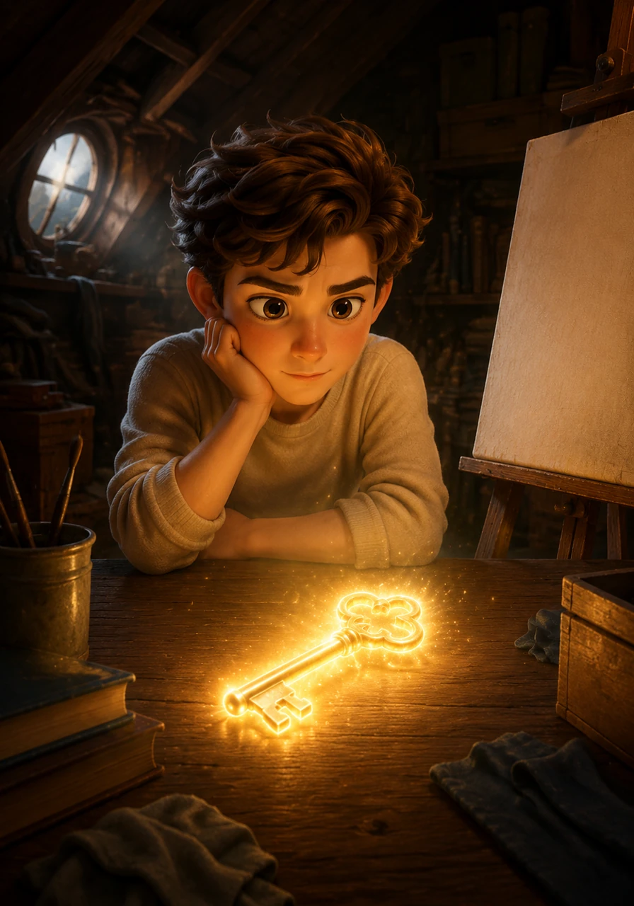Oliver sat in his dusty attic, staring at a blank canvas with a heart full of stories but no way to share them. Suddenly, a strange, luminous key appeared on his desk, pulsing with a warm, inviting light that seemed to whisper of endless possibilities.