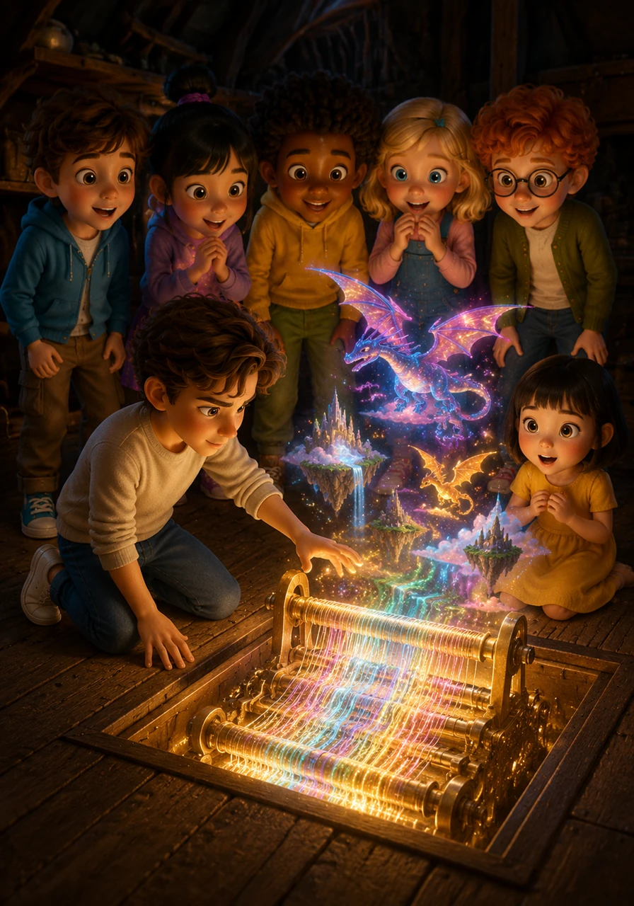 Unlocking a hidden compartment in the floorboards, Oliver discovered a magnificent, glowing loom that spun threads of pure light instead of yarn. As he touched the keys, vivid images of soaring dragons and floating islands began to materialize in the air around him.