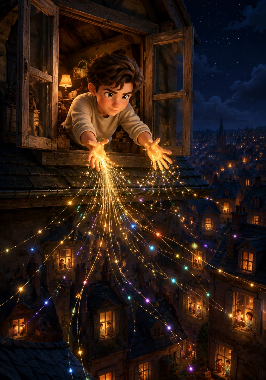 Realizing this magic was too wonderful to keep to himself, Oliver opened the attic window and sent a shower of glowing, starlit threads out into the night city. The threads drifted into the windows of neighboring houses, gently waking the imagination of everyone they touched.