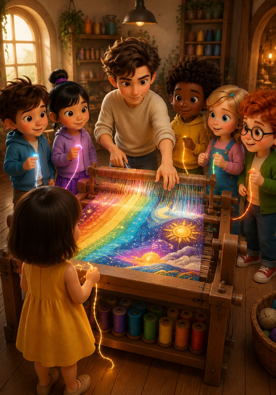 The next morning, a group of curious children knocked on Oliver's door, each holding a glowing thread of their own. Together, they gathered around the magical loom, eager to weave their own thoughts and ideas into Oliver's expanding universe.