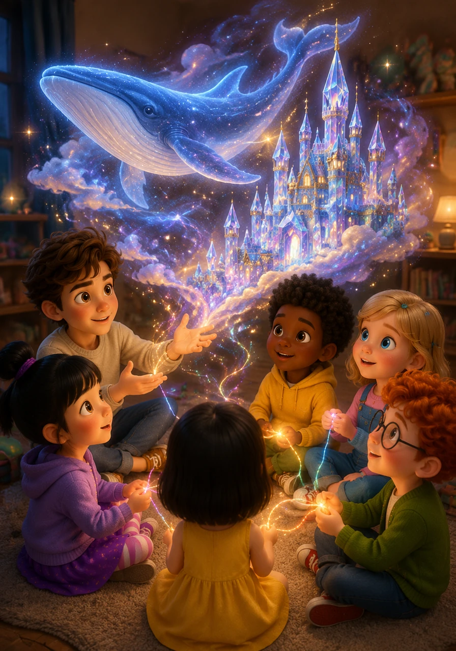With everyone contributing, the story grew grander than Oliver could have ever managed alone. A young girl added a majestic sky-whale, while another boy spun a fortress made of crystal, blending their distinct styles into a seamless, breathtaking epic.