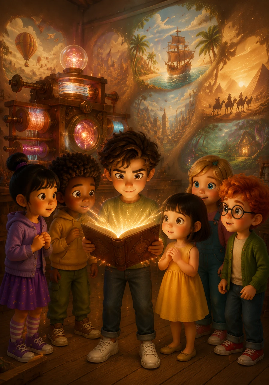 The loom hummed with energy as it compiled all their individual dreams into a single, beautifully bound storybook that radiated warmth. Oliver held the finished book high, and its pages cast a brilliant projection of their collective adventure onto the walls.
