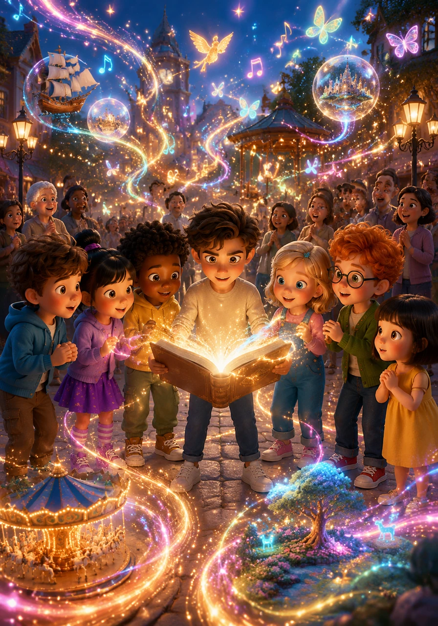 Oliver and his new friends carried the glowing book to the town square, ready to share their creation with the entire community. As they opened the cover, the town square was instantly transformed into a wonderland of light, sound, and interactive marvels.
