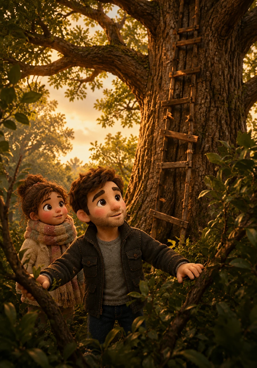 Pushing through a thick thicket of branches, Leo finally saw it: the grand, ancient oak tree that had held their childhood dreams. The wooden ladder they built was missing a few rungs, but the structure still stood strong against the golden afternoon sky.