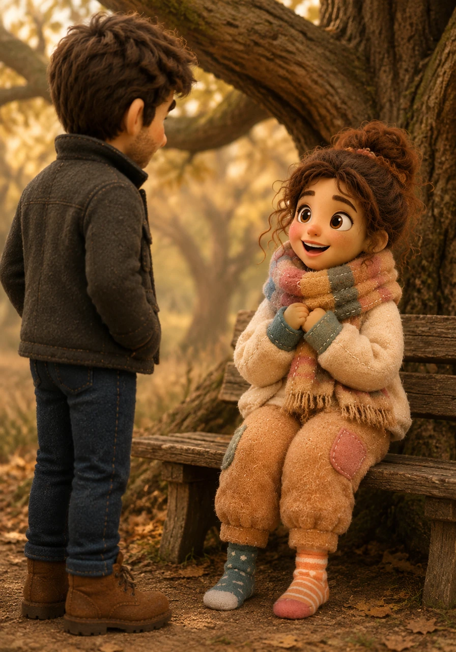 As he approached the base of the tree, he noticed a figure sitting on the old bench, a familiar woolen scarf wrapped around her neck. Maya looked up, her eyes widening in disbelief as a slow, radiant smile spread across her face.