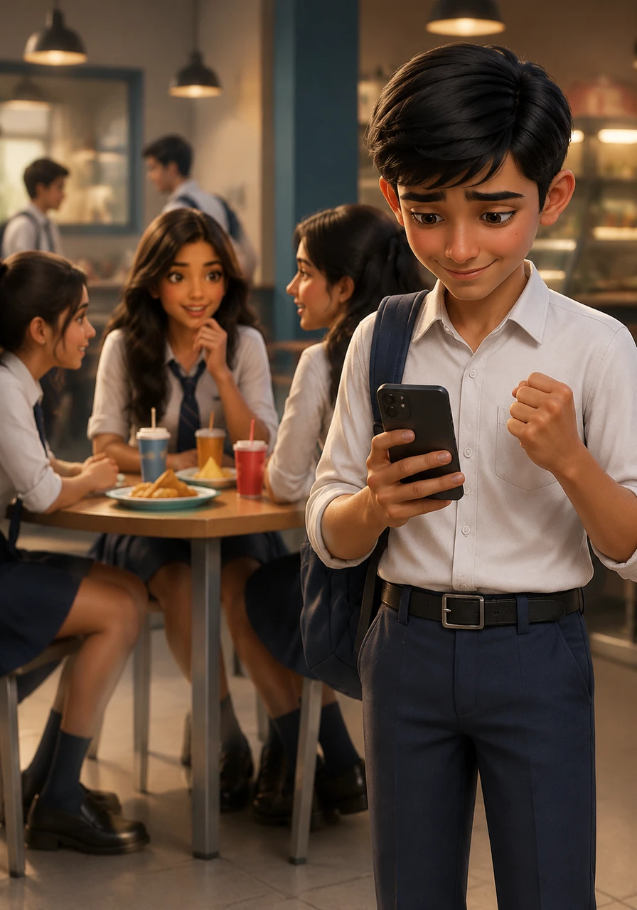 Determined to find a way into her digital world, Arjun treats Meera's friends to snacks at the school canteen, hoping for a crumb of information. After weeks of effort and spending his meager savings, he finally learns her Instagram handle, a small victory that feels like holding a key to a secret kingdom.